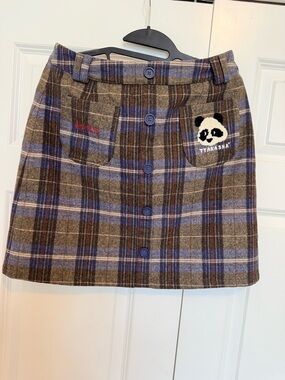 Plaid Button-Front Mini Skirt with Panda Patch - Brown & Blue